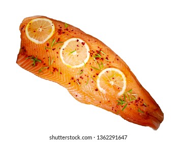 Seasoned Salmon Fish Fillets For Baking In The Oven On White Isolated Background