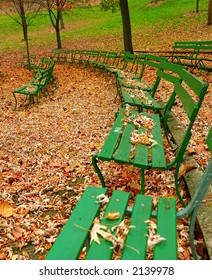 Seasongood Pavilion Benches	 - The Green Benches At Seasongood Pavilion Are Empty As They Sit Among The Dried Leaves In Autumn. Eden Park, Cincinnati Ohio, USA