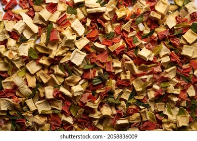 Seasoning for soup, dried vegetables slices background. Top view. Texture. High quality photo