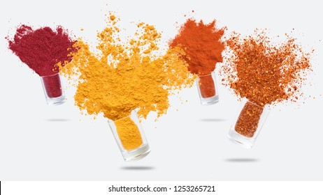 Seasonings Splash. Set Of Glasses With Flying Colorful Spices, Isolated On White Background, Panorama