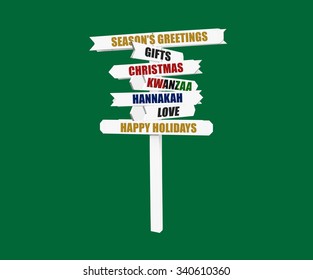 Season's Greetings Directional Arrow Sign (Christmas, Kwanzaa, Hannakah) Love, Gifts Happy Holidays Isolated On Green Background