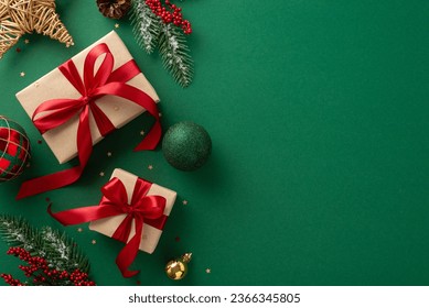 Season's greetings scene. Top-view of boxes tied with bows, Christmas decorations, balls, rustic star, holly berries, frosty spruce branches, confetti on green backdrop, perfect for messages or promo