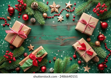 Season's greetings scene. Top-view of boxes tied with bows, Christmas decorations, balls, rustic star, holly berries, frosty spruce branches, confetti on green backdrop, perfect for messages or promo - Powered by Shutterstock