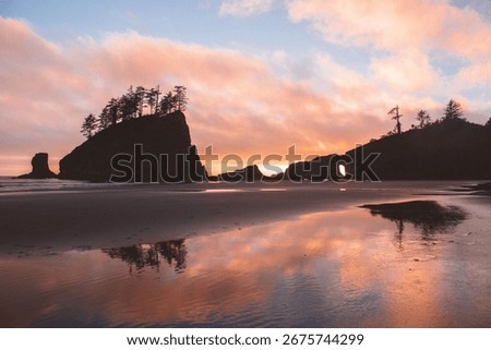 Seastacks at Second Beach in La Push Washington with sunset reflected in the tide