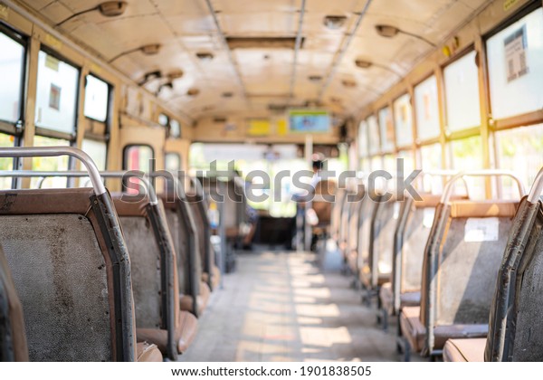 Seat on public buses\
with signs social distancing protect for pandemic of disease virus\
Covid-19 in Thailand. The condition of the car that is empty,\
without passengers