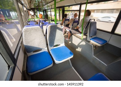 Seat Places In Back Side Of Modern City Bus. Wide Angle Shot