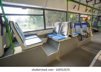 Seat Places In Back Side Of Modern City Bus. Wide Angle Shot