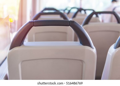 Seat Places In Back Side Of Modern Bus Or Transport Tourism, Road Trip And Equipment Concept - Travel Bus Interior And Seats