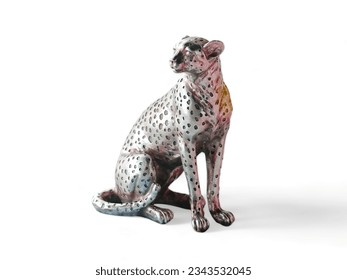 a seated leopard statue in silver on a white background