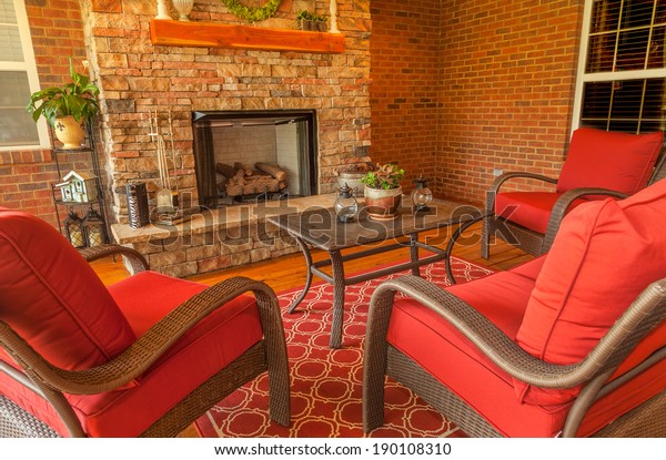 Seating Area Around Gas Stone Fireplace Stock Photo Edit Now