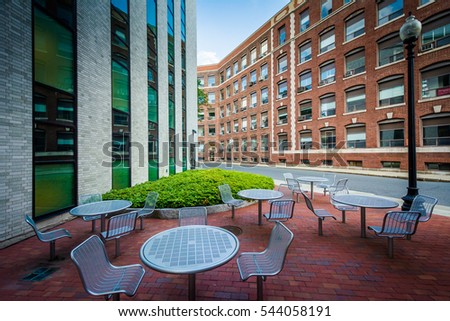 Seating area and buildings at Northeastern University, in Boston, Massachusetts.