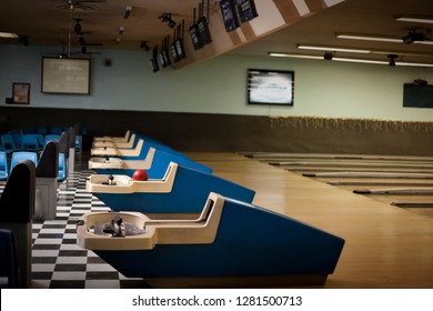 Seating Area In An Empty Bowling Alley.