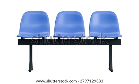 seating bench featuring three blue plastic chairs on a black metal frame is isolated on white for public waiting area concepts