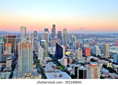 Seattle Aerial Skyline At Sunset