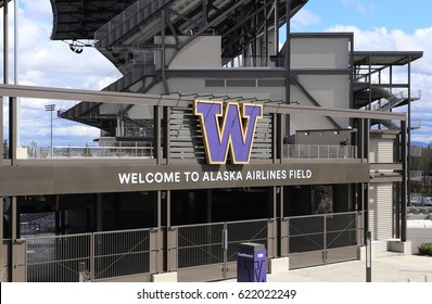 SEATTLE - APRIL 13: The Alaska Airlines Field At Husky Stadium In Seattle, Washington On April 13, 2017. Husky Stadium Is The Home Stadium Of The University Of Washington Huskies NCAA Football Team.