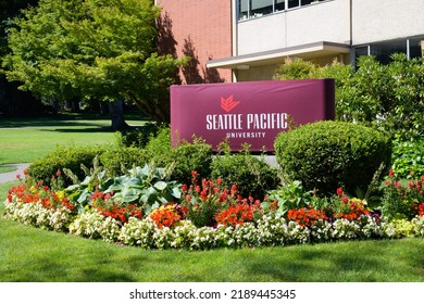 Seattle - August 07, 2022; Sign in summer flowers for Seattle Pacific University
