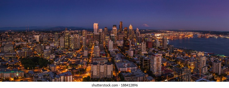 Seattle City Nightlife After Sunset From The Space Needle In The Warm Summer Day