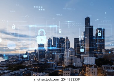 Seattle city skyline with digital security symbols overlay. The background shows modern skyscrapers and a cloudy sky. Concept of cybersecurity