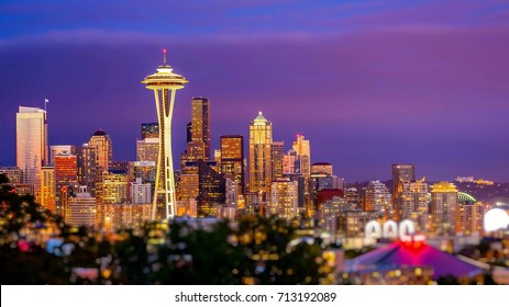 Seattle city skyline at dusk. Downtown Seattle cityscape at night