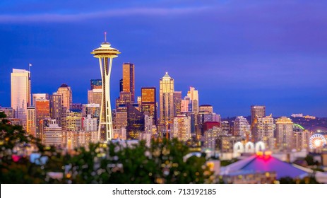 Seattle City Skyline At Dusk. Downtown Seattle Cityscape At Night.