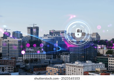 Seattle cityscape with digital lock icon and abstract elements overlay. Modern style on urban background. Concept of cybersecurity and digital protection
