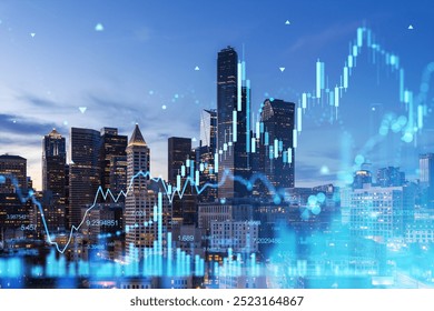 Seattle cityscape during evening with illuminated skyscrapers and financial data graphs overlayed, representing economic concepts and analysis - Powered by Shutterstock - Get 15% off with code: PIKWIZARD15