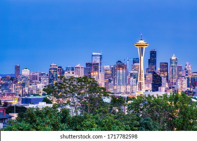 Seattle Cityscape with Mt. Rainier in the Background at Dusk, Washington, USA