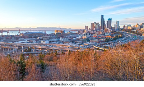 Seattle Downtown City View at Sunset Olympic Mountains Elliot Bay Skyline