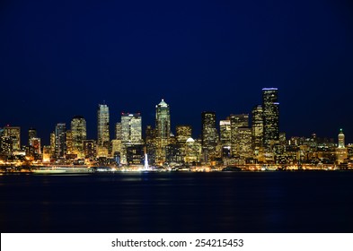 Seattle Downtown Night View From Alki Beach Part