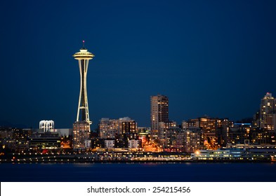 Seattle Downtown With Space Needle Iconic Night View From Alki Beach Part