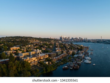 Seattle Eastlake Capitol Hill And Downtown Aerial Neighborhood Cityscape Vibrant Sunset Lighting Clear Blue Sky