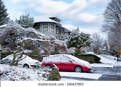 Seattle Houses In Winter With Fresh Snow. Capitol Hill Neighborhood.