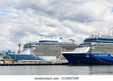 Seattle - July 08, 2022; Cruise Ship Celebrity Solstice And Ovation Of The Seas Docked In Seattle During The Summer Alaska Cruising Season