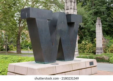 Seattle - July 17, 2022; Iconic large letter W at the north entrance of the Seattle campus of the University of Washington