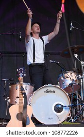 SEATTLE - JULY 22:  Drummer Jeremiah Fraites Of The Denver Folk Band The Lumineers Performs On The Main Stage At The Capitol Hill Block Party In Seattle On July 22, 2012.