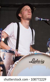 SEATTLE - JULY 22:  Drummer Jeremiah Fraites Of The Denver Folk Band The Lumineers Performs On The Main Stage At The Capitol Hill Block Party In Seattle On July 22, 2012.