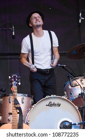 SEATTLE - JULY 22:  Drummer Jeremiah Fraites Of The Denver Folk Band The Lumineers Performs On The Main Stage At The Capitol Hill Block Party In Seattle On July 22, 2012.