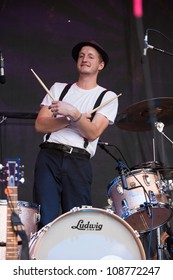 SEATTLE - JULY 22:  Drummer Jeremiah Fraites Of The Denver Folk Band The Lumineers Performs On The Main Stage At The Capitol Hill Block Party In Seattle On July 22, 2012.