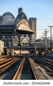 Seattle - July 25, 2021[ Retractable Roof At The Seattle Baseball Stadium Is In The Open Position And Extended Across Active Train Tracks