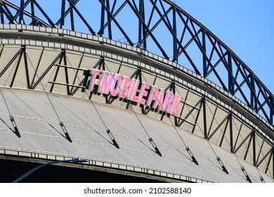 Seattle - July 25, 2021; The Roof And Name Of T-Mobile Park On The Seattle Baseball Stadium.  The Corporate Name Is In Pink Letters