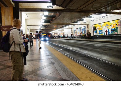 SEATTLE - JUN 3, 2016 - Metro Transit Bus Arrives At Westlake Station