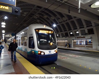 SEATTLE - JUNE 24:  People Exit Sound Transit Light Rail Train Inside Pioneer Square Station  Taken Seattle, Washington On June 24, 2016.