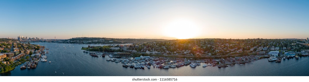 Seattle Lake Union Panoramic Aerial Sky View Of City