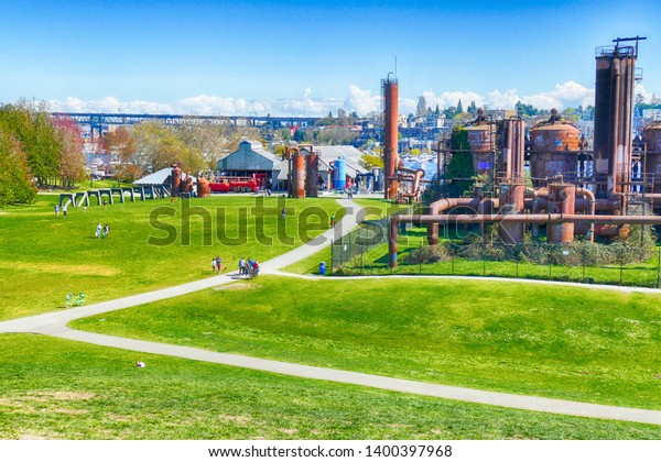 SEATTLE - MAR 30,\
2019 - Vintage gas works now public art installation in Gas Works\
Park, Seattle,\
Washington