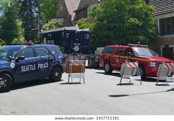 SEATTLE - MAY 18, 2019 - Police cars parked at\
 the 50th Annual University District Street Fair (oldest in the\
country),Seattle,\
Washington