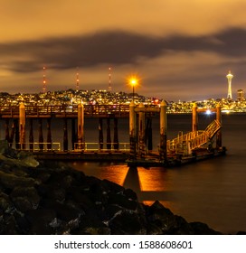 Seattle Night City Skyline From Alki Beach With Dock In Foreground