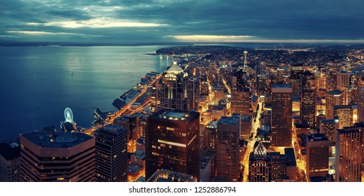 Seattle rooftop panorama view with urban architecture at night. - Powered by Shutterstock