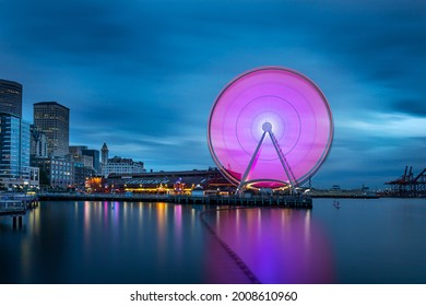 Seattle Skyline With Ferris Wheel, Night