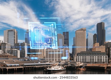 Seattle skyline with futuristic digital chip overlay, skyscrapers, and clear sky. Concept of technology integration in urban environments - Powered by Shutterstock