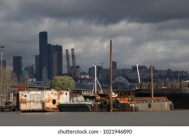 Seattle Skyline And Industrial Shipping Port On The Duwamish River